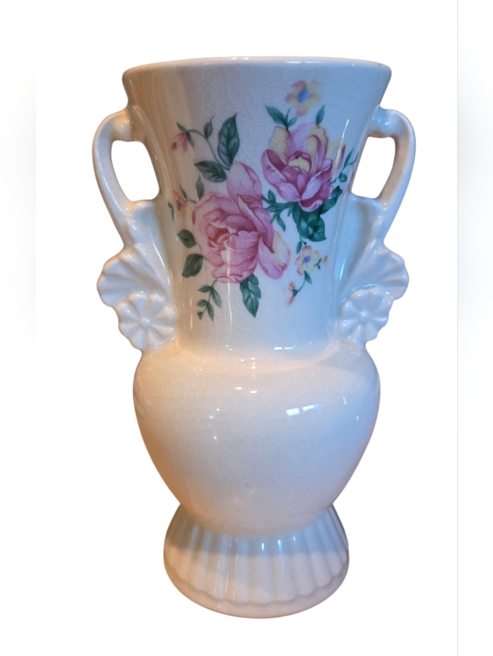 vintage Royal Copley ceramic vase with handles pink flowers on cream base